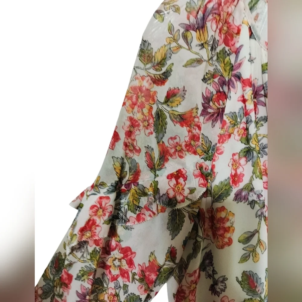 2884) Adrienne Vittadini Floral Ruffle Lined Tie Front Peasant Blouse Size Large - Picture 4 of 11